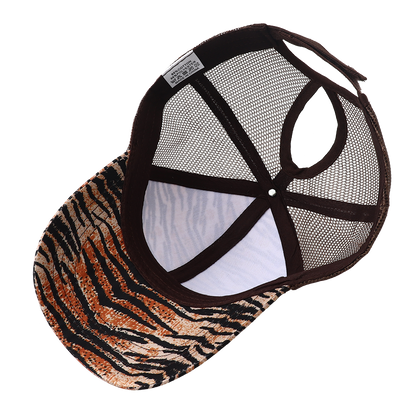 Breathable Mesh Baseball Cap for Women, Leopard Print Snapback Hat, High Ponytail Summer Trucker Sunhat Female Style