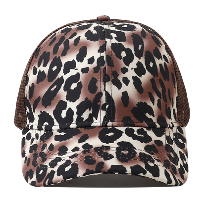 Breathable Mesh Baseball Cap for Women, Leopard Print Snapback Hat, High Ponytail Summer Trucker Sunhat Female Style