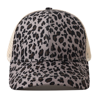 Breathable Mesh Baseball Cap for Women, Leopard Print Snapback Hat, High Ponytail Summer Trucker Sunhat Female Style