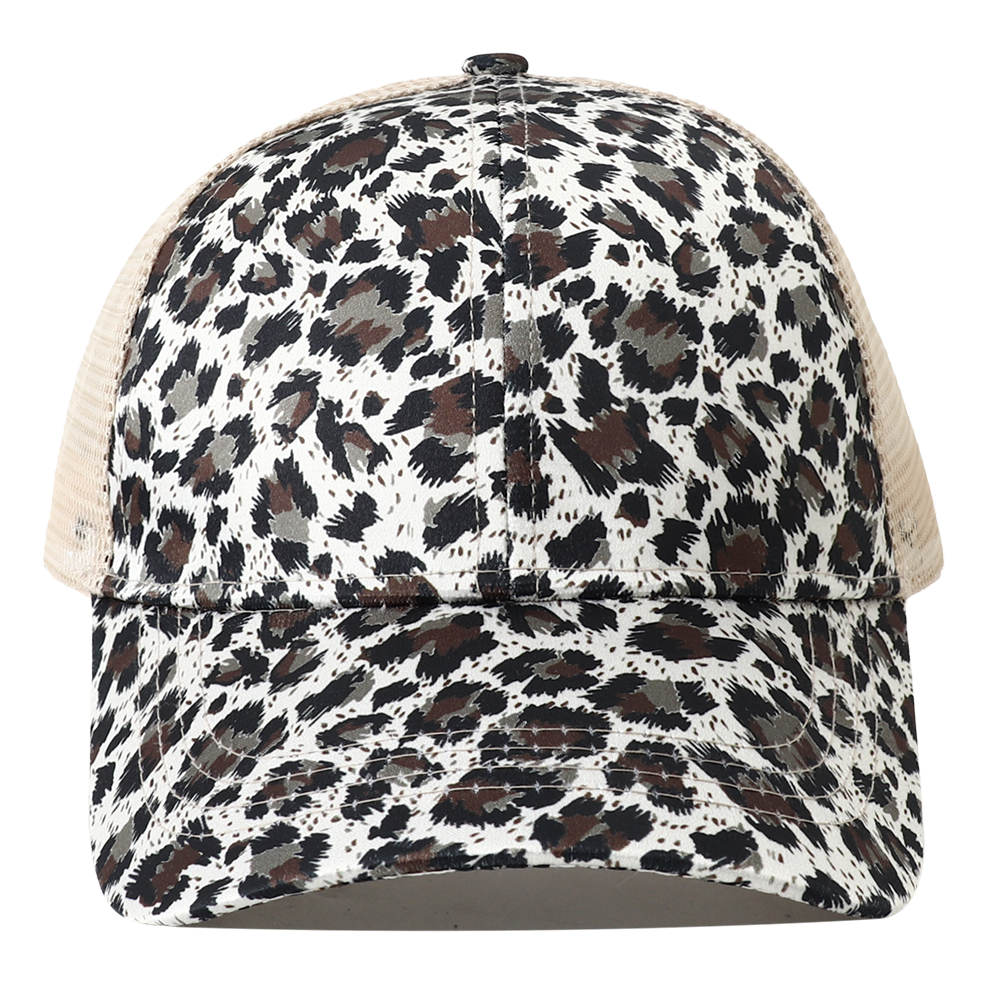 Breathable Mesh Baseball Cap for Women, Leopard Print Snapback Hat, High Ponytail Summer Trucker Sunhat Female Style