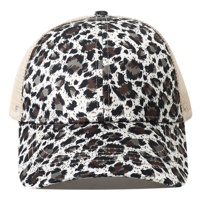 Breathable Mesh Baseball Cap for Women, Leopard Print Snapback Hat, High Ponytail Summer Trucker Sunhat Female Style