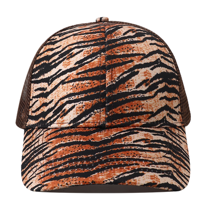 Breathable Mesh Baseball Cap for Women, Leopard Print Snapback Hat, High Ponytail Summer Trucker Sunhat Female Style
