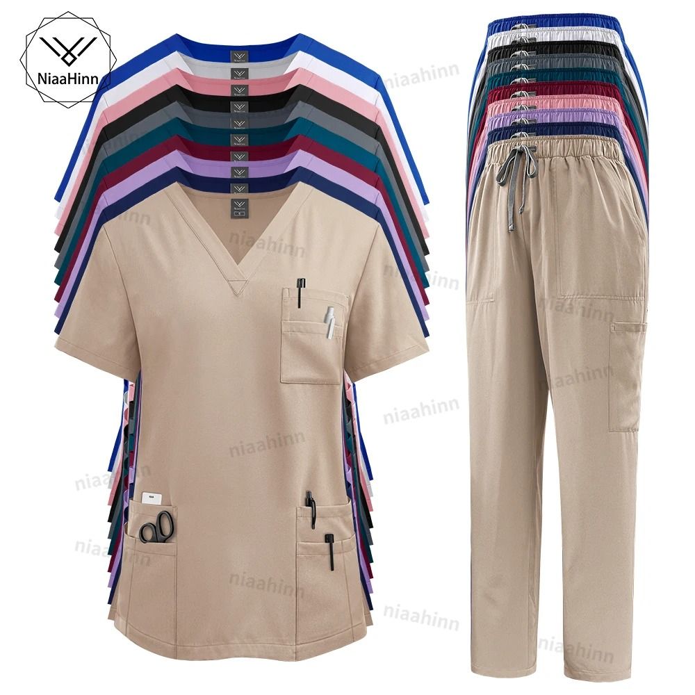 Multicolor Medical Scrubs Set with Short Sleeve Top and Pants for Women