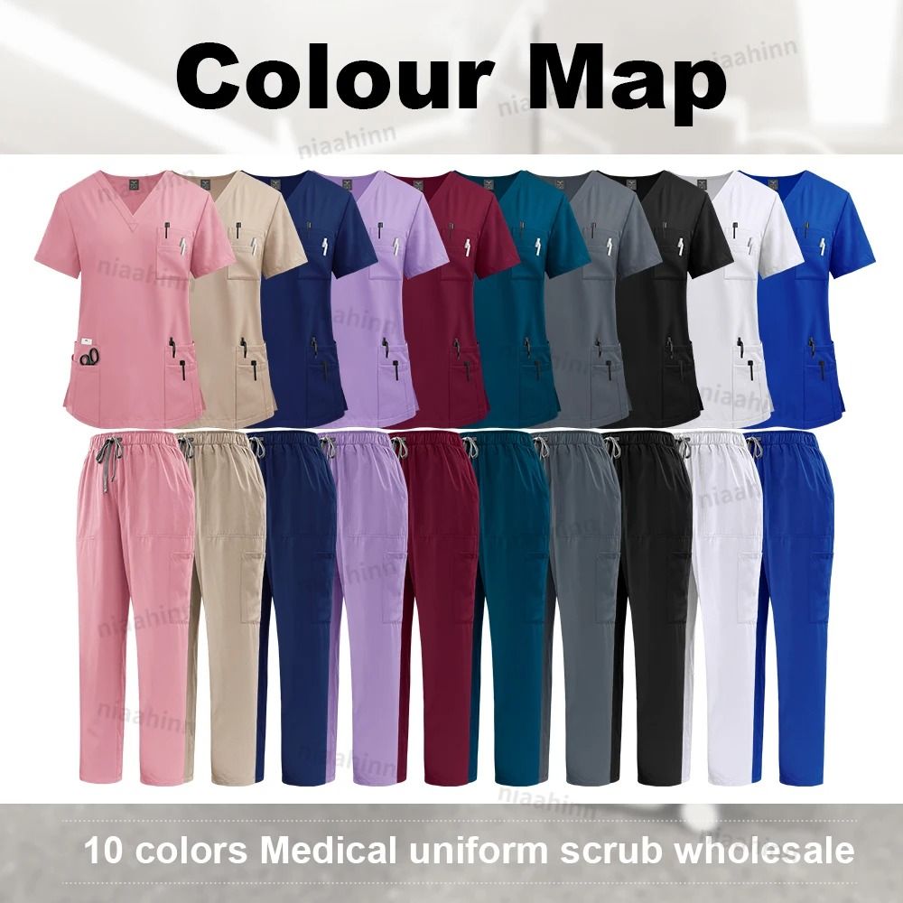 Multicolor Medical Scrubs Set With Short Sleeve Top And Pants For Women 3