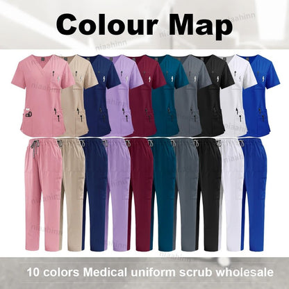 Multicolor Medical Scrubs Set With Short Sleeve Top And Pants For Women 3