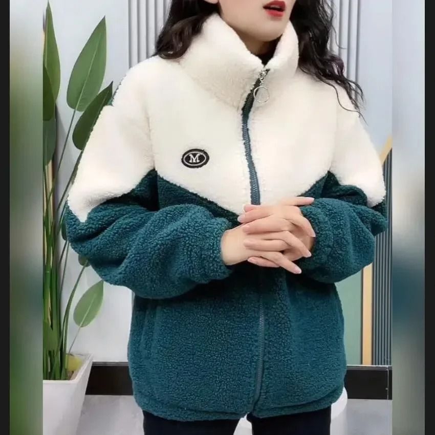 Winter Warm Colored Lamb Fleece Long Sleeve Mid Length Overcoat for Women