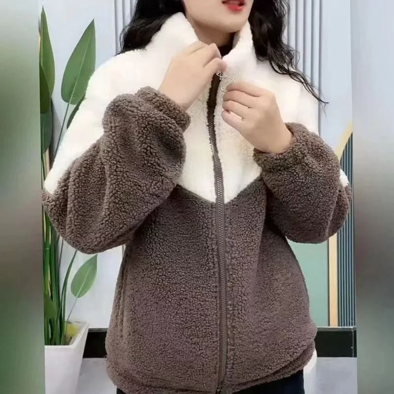 Winter Warm Colored Lamb Fleece Long Sleeve Mid Length Overcoat For Women 7