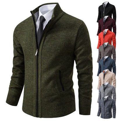 Men Autumn Winter Casual Stand Collar Fleece Warm Zipper Cardigan