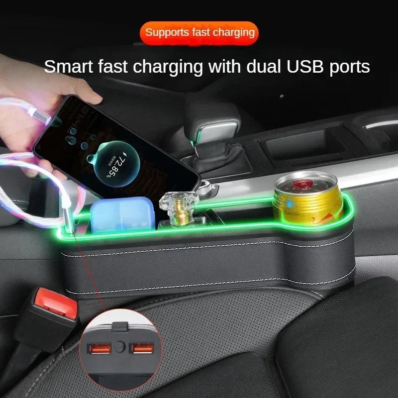 New Car Crevice Storage Box with 2 USB Charger – Colorful LED Seat Gap Organizer for Phones, Cards & Bottles