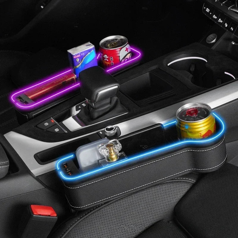 New Car Crevice Storage Box with 2 USB Charger – Colorful LED Seat Gap Organizer for Phones, Cards & Bottles