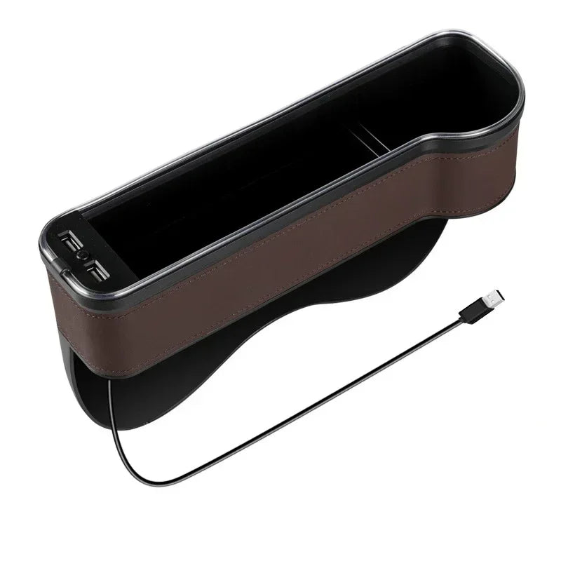 New Car Crevice Storage Box with 2 USB Charger – Colorful LED Seat Gap Organizer for Phones, Cards & Bottles