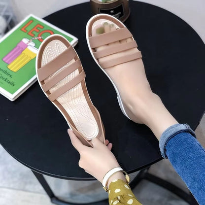 Womens Candy Color Peep Toe Summer Sandals  Comfortable Outdoor Flat Shoes 10