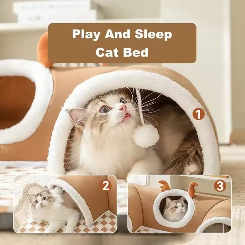 CozyAntler Plush Cat Bed With Tunnel Hideout 1