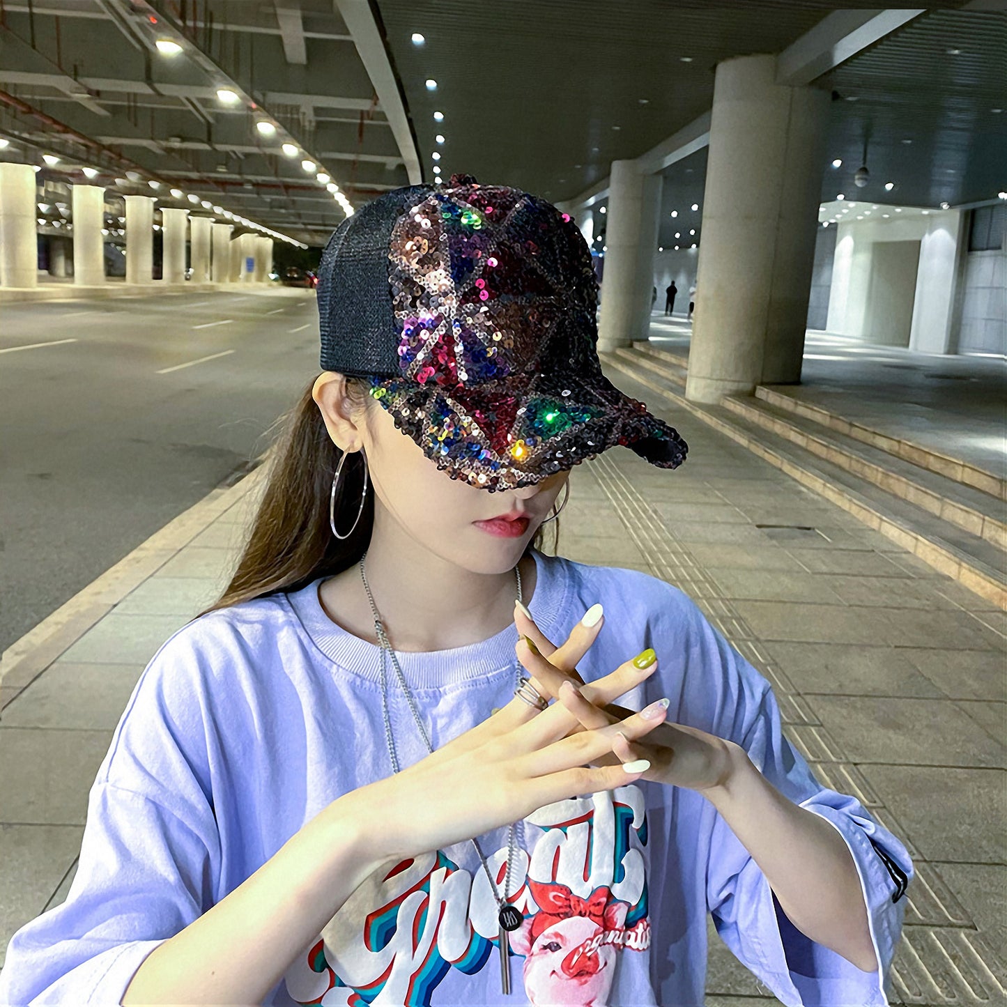 Shiny Sequin Mesh Adjustable Cotton Baseball Cap Sun Hat, Summer Lightweight Sparkle Hat for Women and Girls