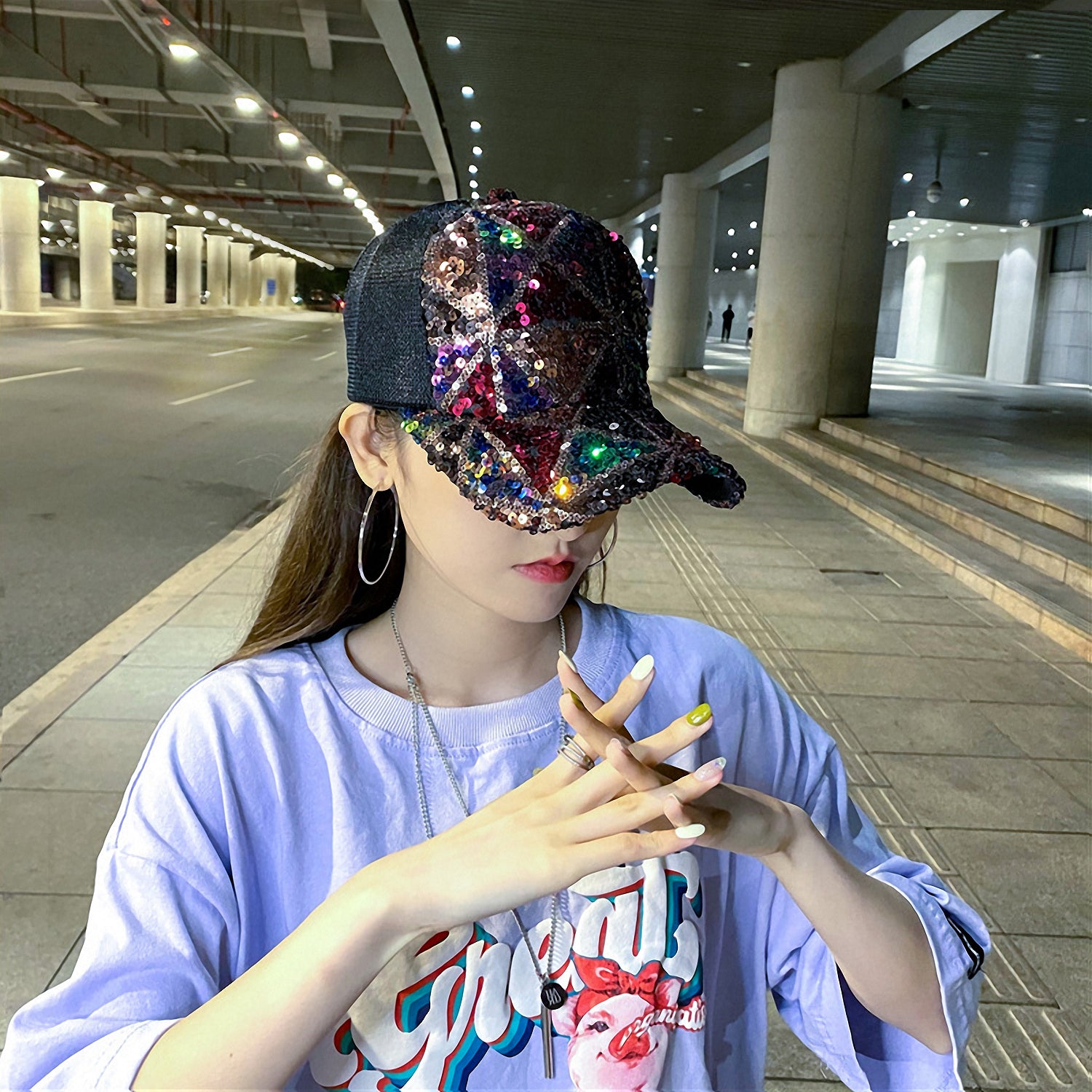 Shiny Sequin Mesh Adjustable Cotton Baseball Cap Sun Hat, Summer Lightweight Sparkle Hat for Women and Girls