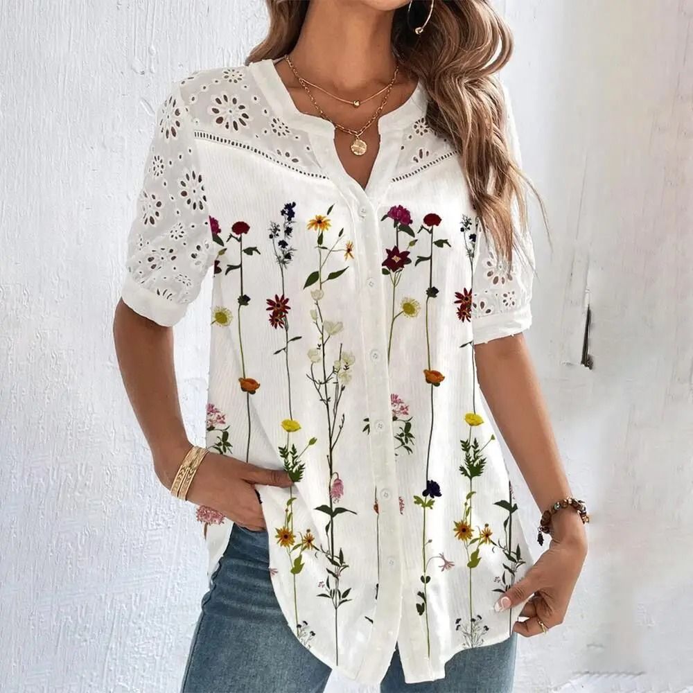 Casual Lace Womens Shirt Elegant Loose Short Sleeve Blouse For Holiday And Weekend Wear 10