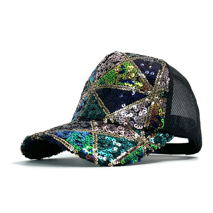Shiny Sequin Mesh Adjustable Cotton Baseball Cap Sun Hat, Summer Lightweight Sparkle Hat for Women and Girls