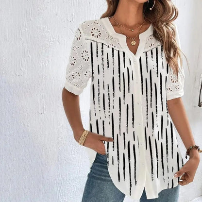 Casual Lace Womens Shirt Elegant Loose Short Sleeve Blouse For Holiday And Weekend Wear 3