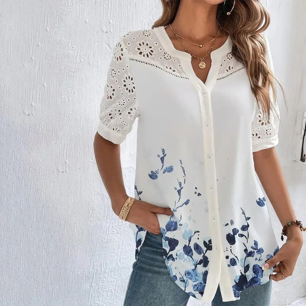 Casual Lace Womens Shirt Elegant Loose Short Sleeve Blouse For Holiday And Weekend Wear 5