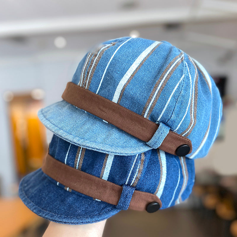 Cotton Denim Baby Beret Hat with Adjustable Soft Brim, Spring Autumn Daily Outing Unisex Infant Toddler