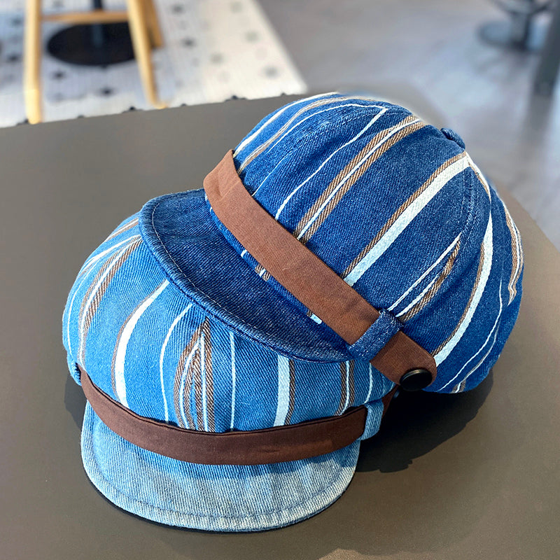 Cotton Denim Baby Beret Hat with Adjustable Soft Brim, Spring Autumn Daily Outing Unisex Infant Toddler