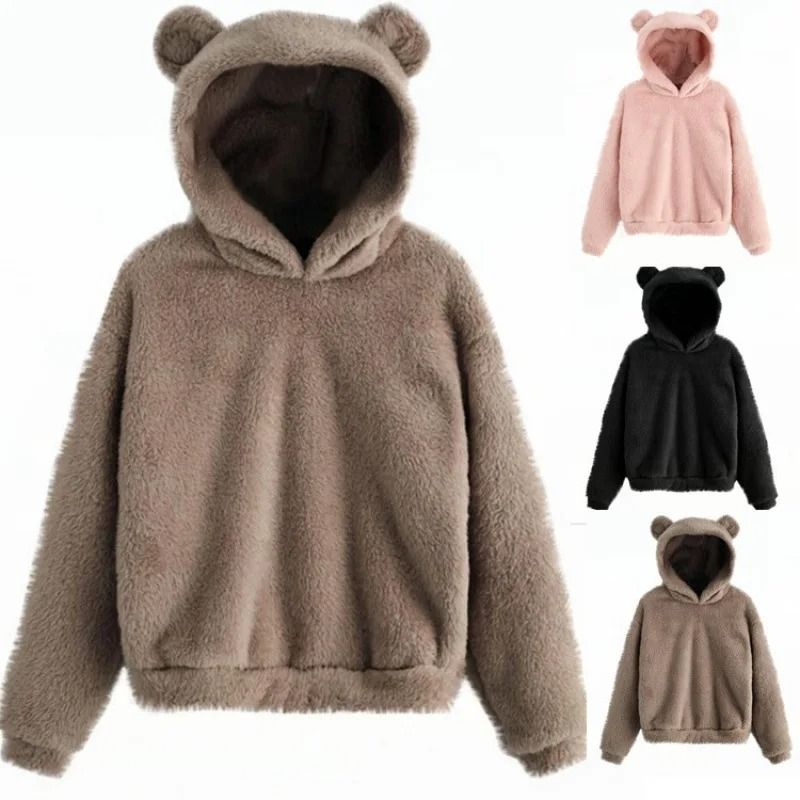 Plush Rabbit Ear Hoodie for Women – Warm Long Sleeve Winter Sweatshirt with Cute Ears