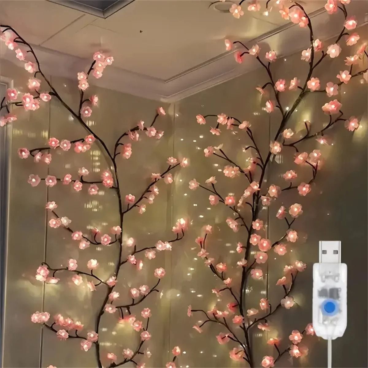 Cherry Blossom USB Tree Branch Rattan Lights with 96 LED Pink Blossoms and 8 Lighting Modes