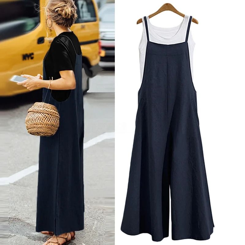 Womens Cotton Linen Wide Leg Jumpsuit  Casual Sleeveless Summer Overalls With Adjustable Straps 2
