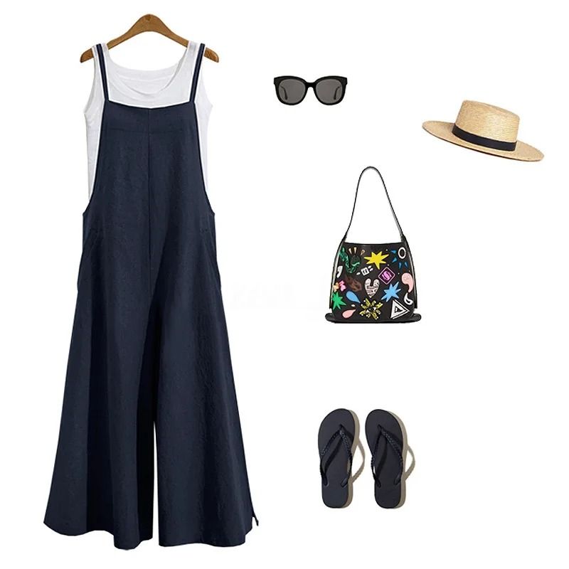 Womens Cotton Linen Wide Leg Jumpsuit  Casual Sleeveless Summer Overalls With Adjustable Straps 4
