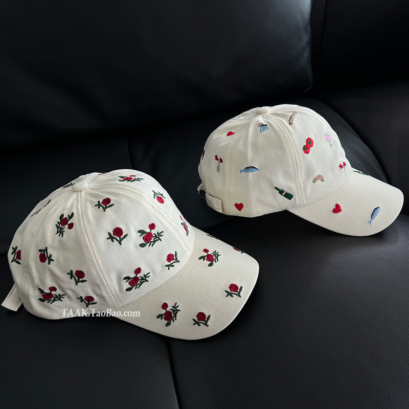 Rose Cartoon Embroidered Baseball Caps for Women and Men, Summer Travel Sun Hats, Y2K Fashion Versatile Headwear