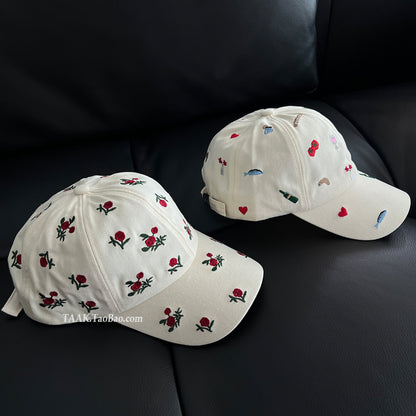 Rose Cartoon Embroidered Baseball Caps for Women and Men, Summer Travel Sun Hats, Y2K Fashion Versatile Headwear