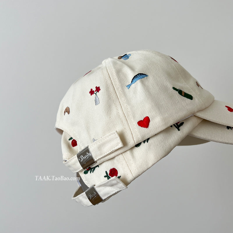 Rose Cartoon Embroidered Baseball Caps for Women and Men, Summer Travel Sun Hats, Y2K Fashion Versatile Headwear