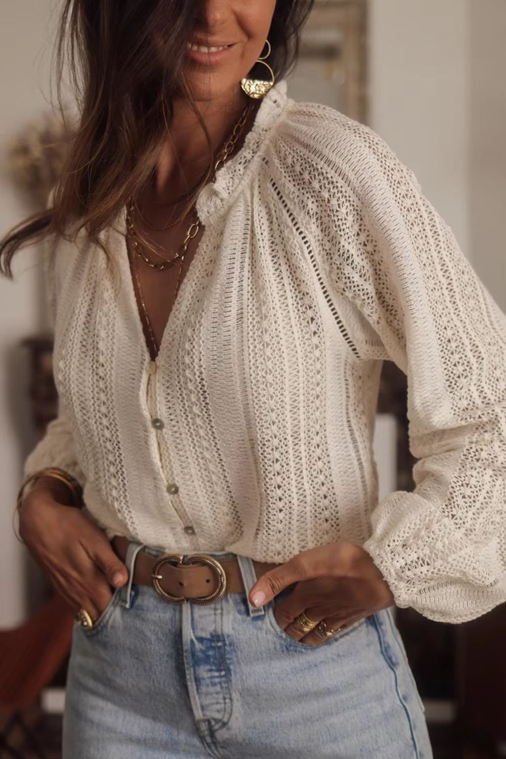 AYUALIN Vintage Hollow Out Lace Blouse  Elegant Long Sleeve Boho Beach Top For Women 2