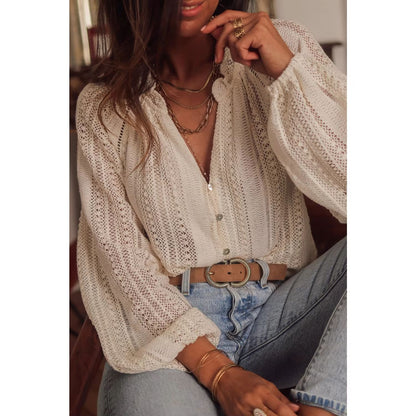 AYUALIN Vintage Hollow Out Lace Blouse  Elegant Long Sleeve Boho Beach Top For Women 6