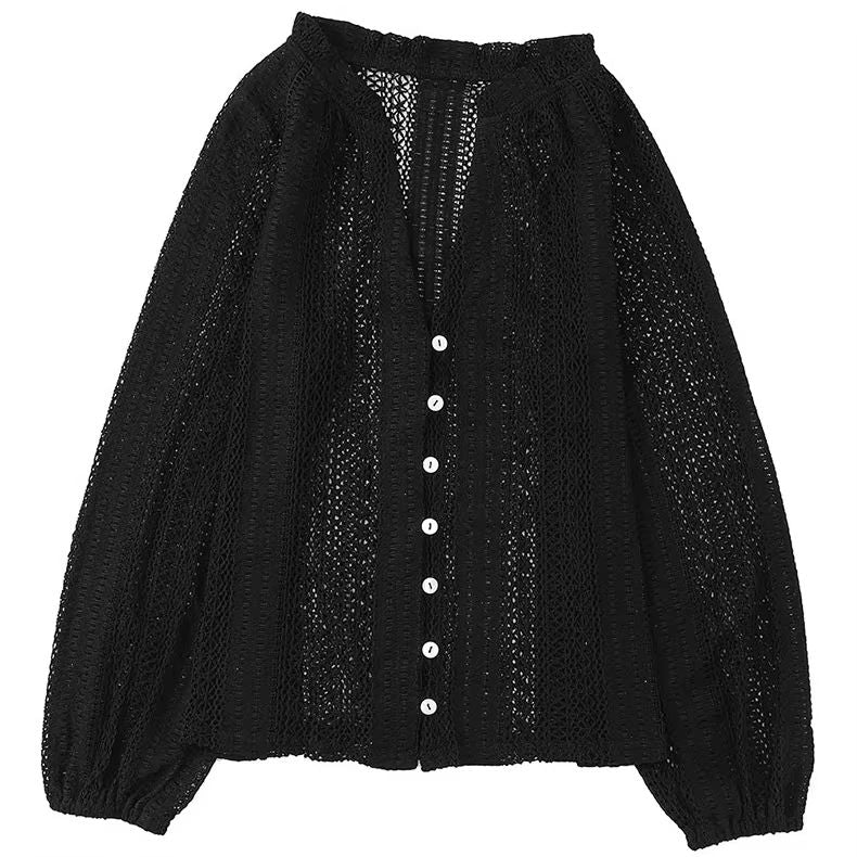 AYUALIN Vintage Hollow Out Lace Blouse  Elegant Long Sleeve Boho Beach Top For Women 8