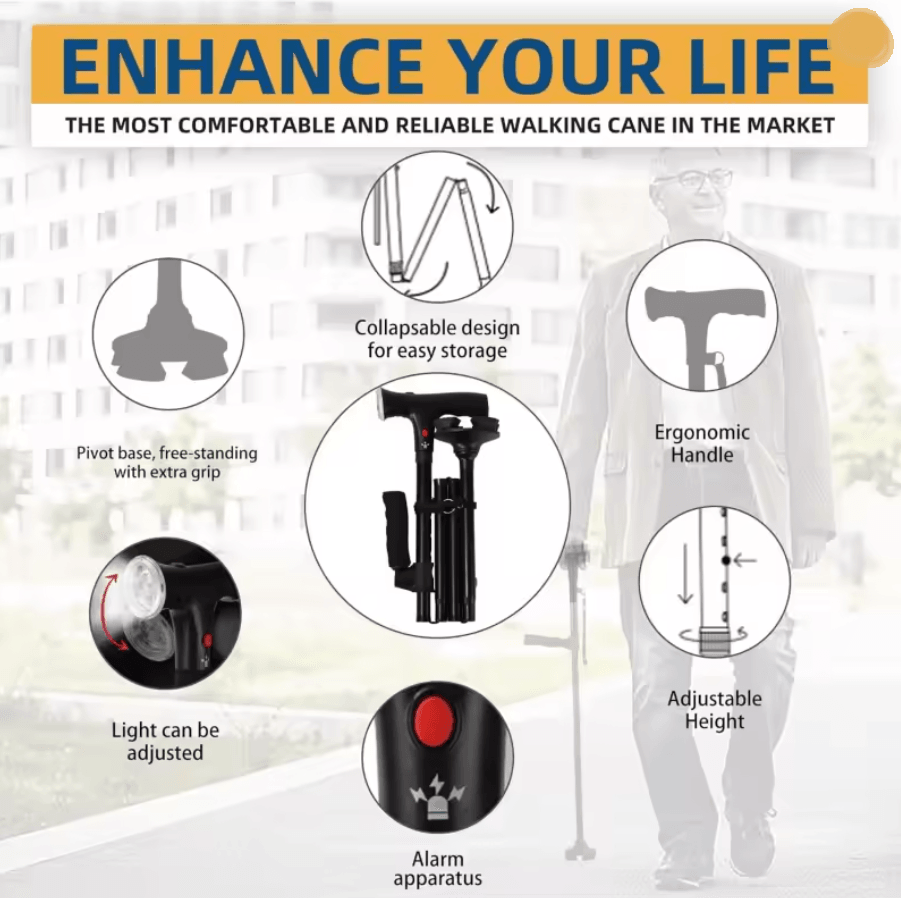Folding Adjustable Walking Cane With LED Light 2
