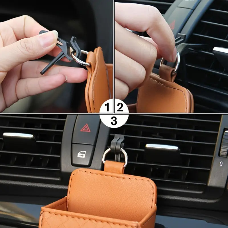 Premium PU Leather Car Air Vent Hanging Storage Box, Phone Bag & Car Interior Accessories Holder