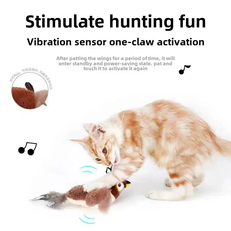Hot Cat Interactive Toys Catnip Electric Pat Bird, Touch-Activated Squeaky Plush Toy for Dog & Cats, USB