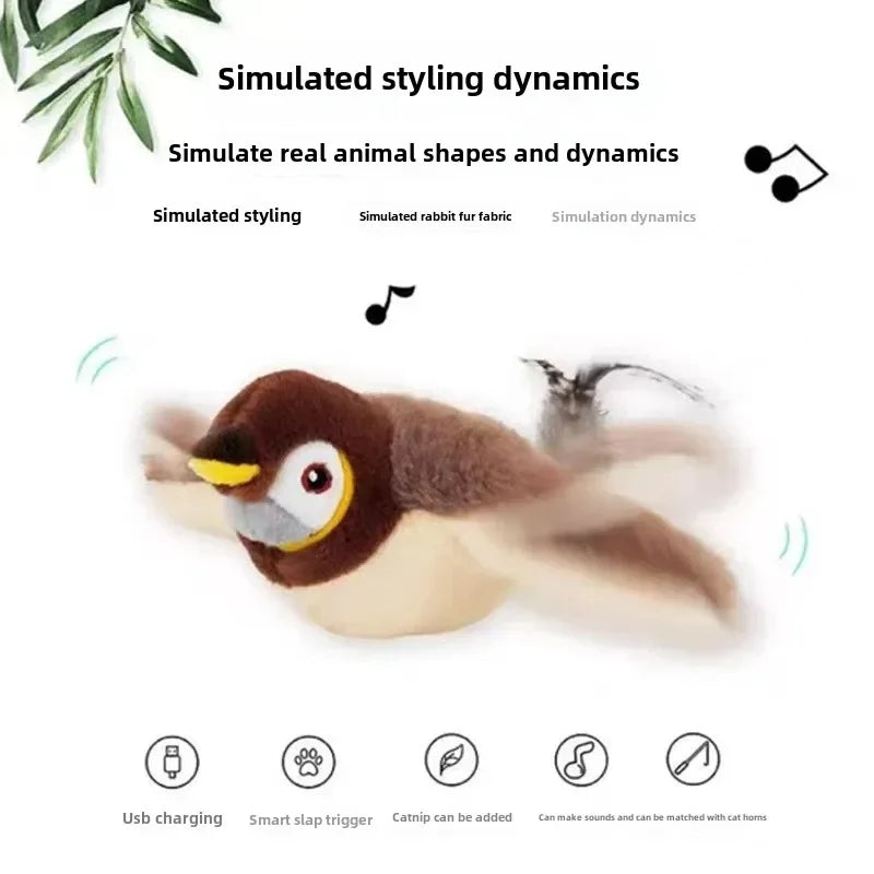 Hot Cat Interactive Toys Catnip Electric Pat Bird, Touch-Activated Squeaky Plush Toy for Dog & Cats, USB