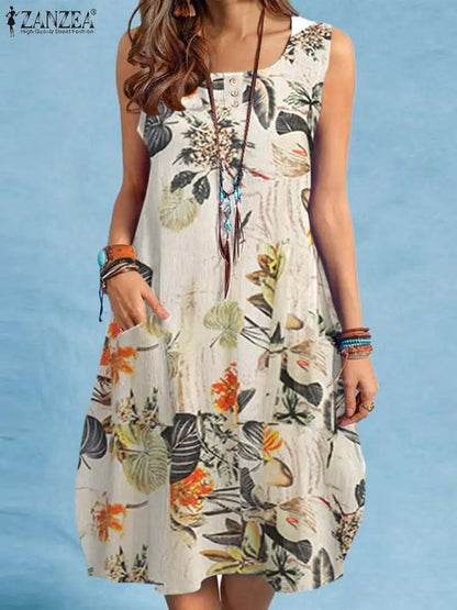 Bohemian Sleeveless Floral Sundress With Side Pockets 1