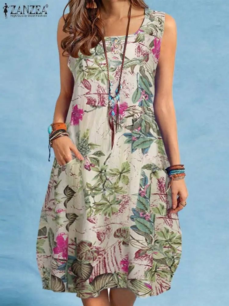 Bohemian Sleeveless Floral Sundress With Side Pockets 10