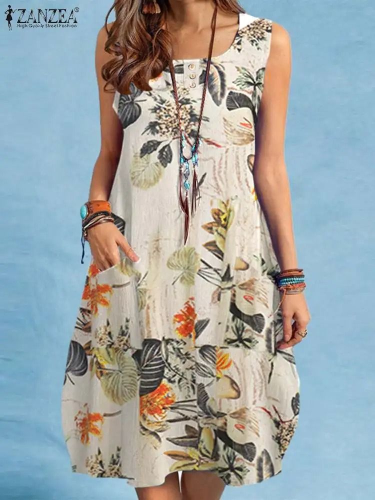 Bohemian Sleeveless Floral Sundress With Side Pockets 13