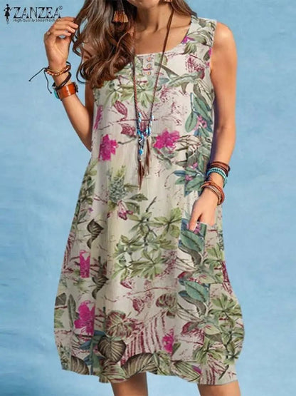 Bohemian Sleeveless Floral Sundress With Side Pockets 4