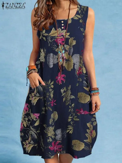 Bohemian Sleeveless Floral Sundress With Side Pockets 6