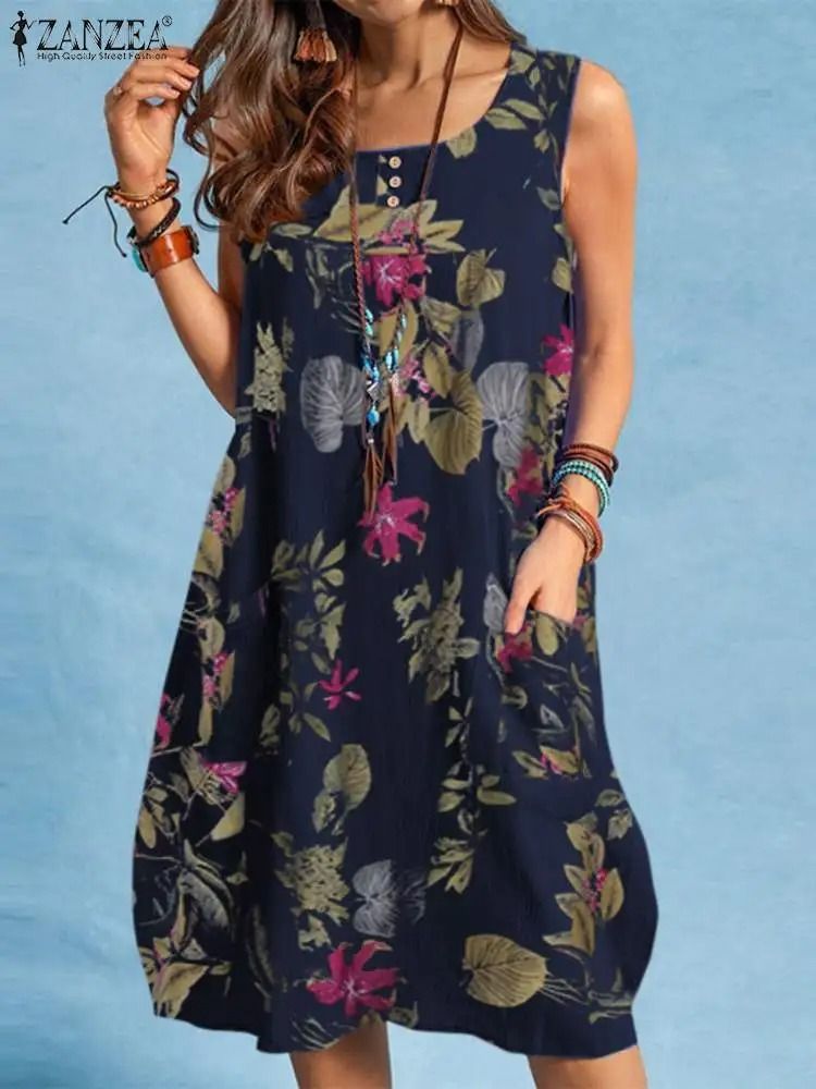 Bohemian Sleeveless Floral Sundress With Side Pockets 7