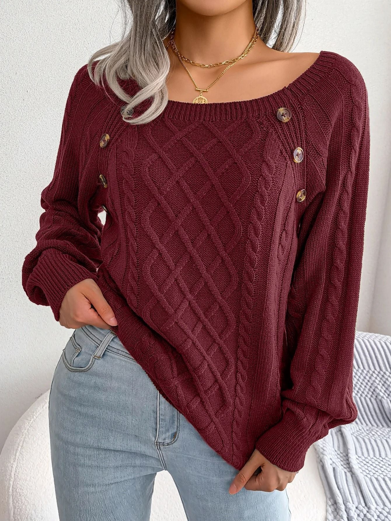 Womens Square Neck Button Front Knitted Sweater Long Sleeve Pullover 1