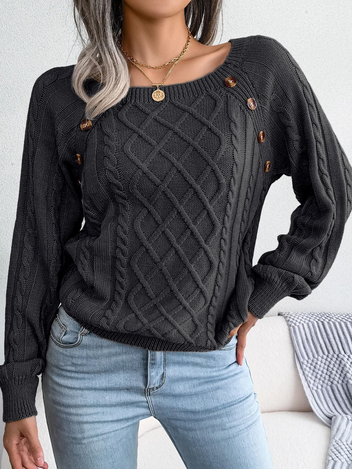 Womens Square Neck Button Front Knitted Sweater Long Sleeve Pullover 7