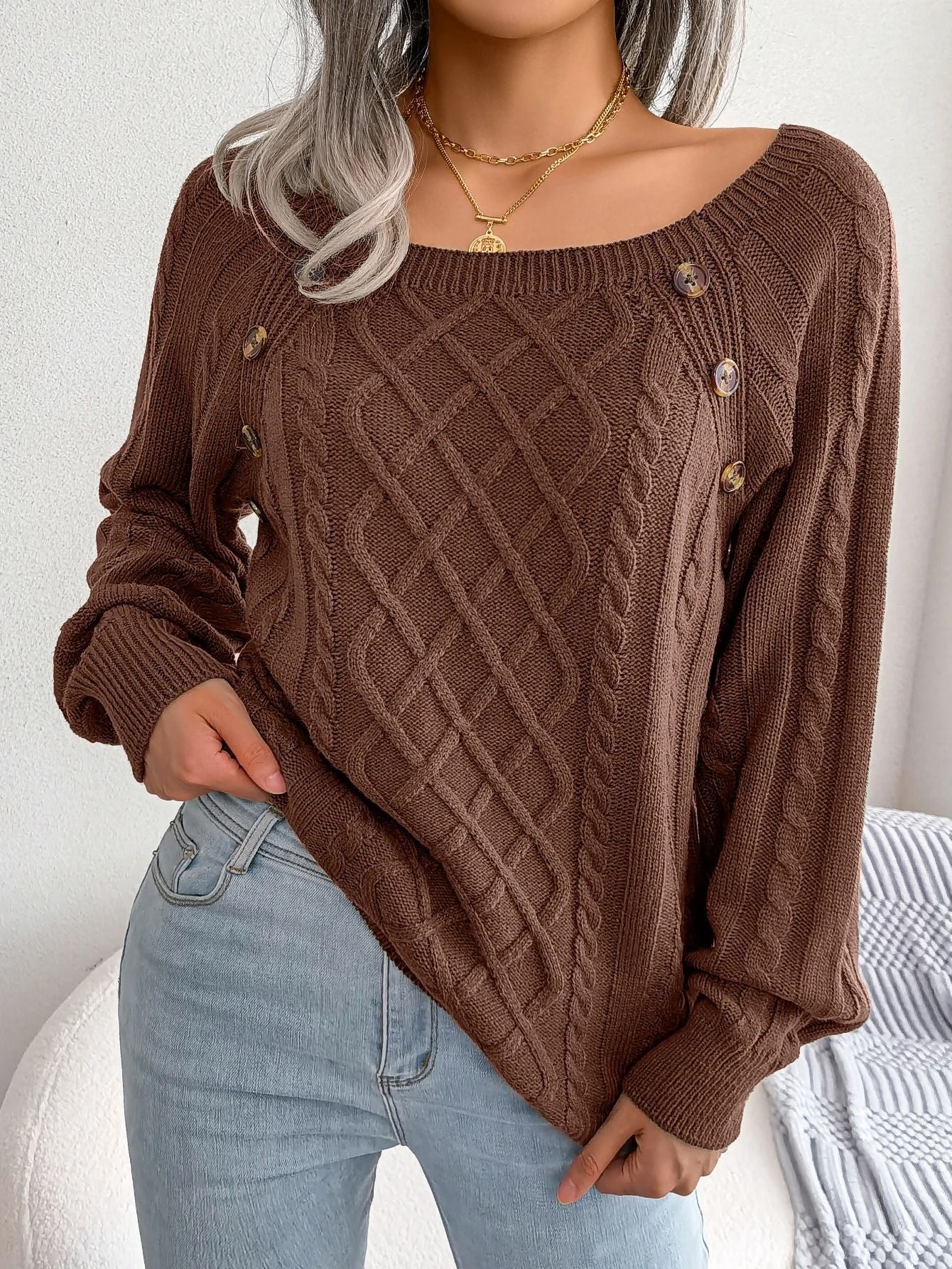 Womens Square Neck Button Front Knitted Sweater Long Sleeve Pullover 9