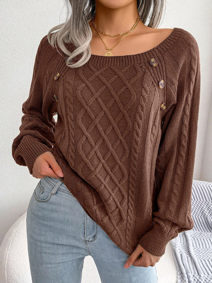 Womens Square Neck Button Front Knitted Sweater Long Sleeve Pullover 9