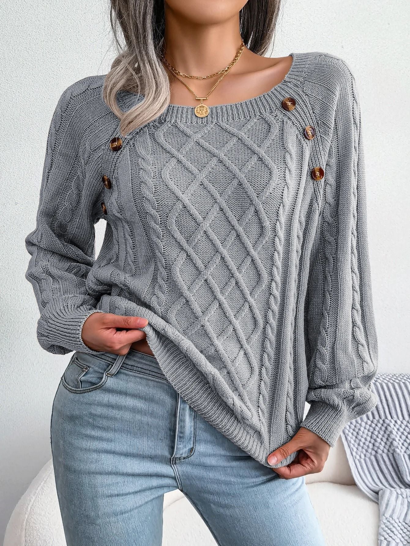 Womens Square Neck Button Front Knitted Sweater Long Sleeve Pullover 10